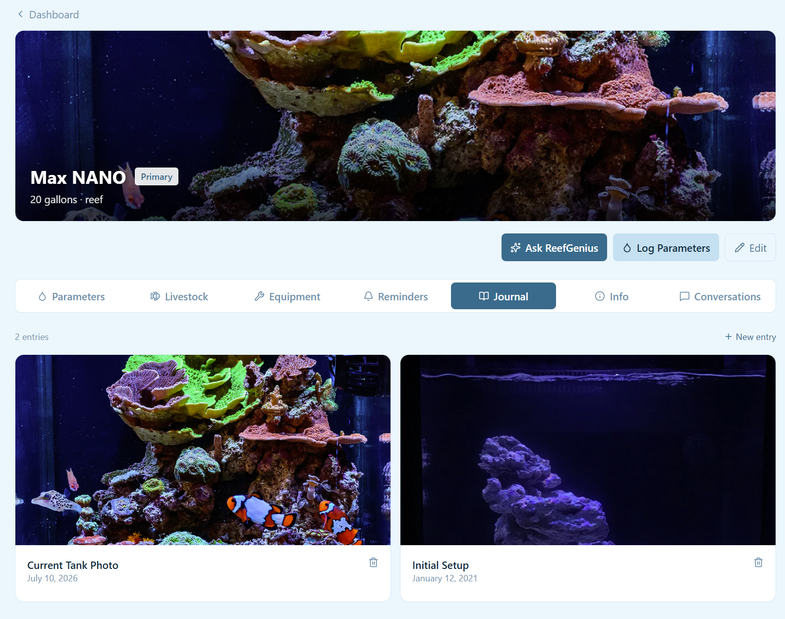 Tank journal entry in ReefGenius