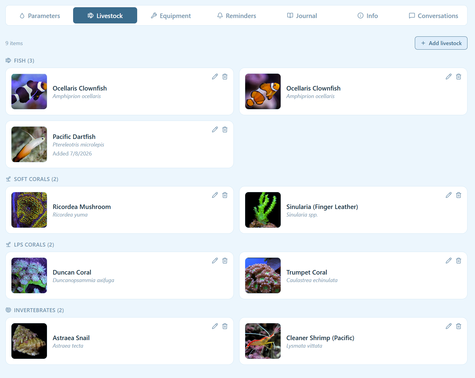 Livestock roster in ReefGenius