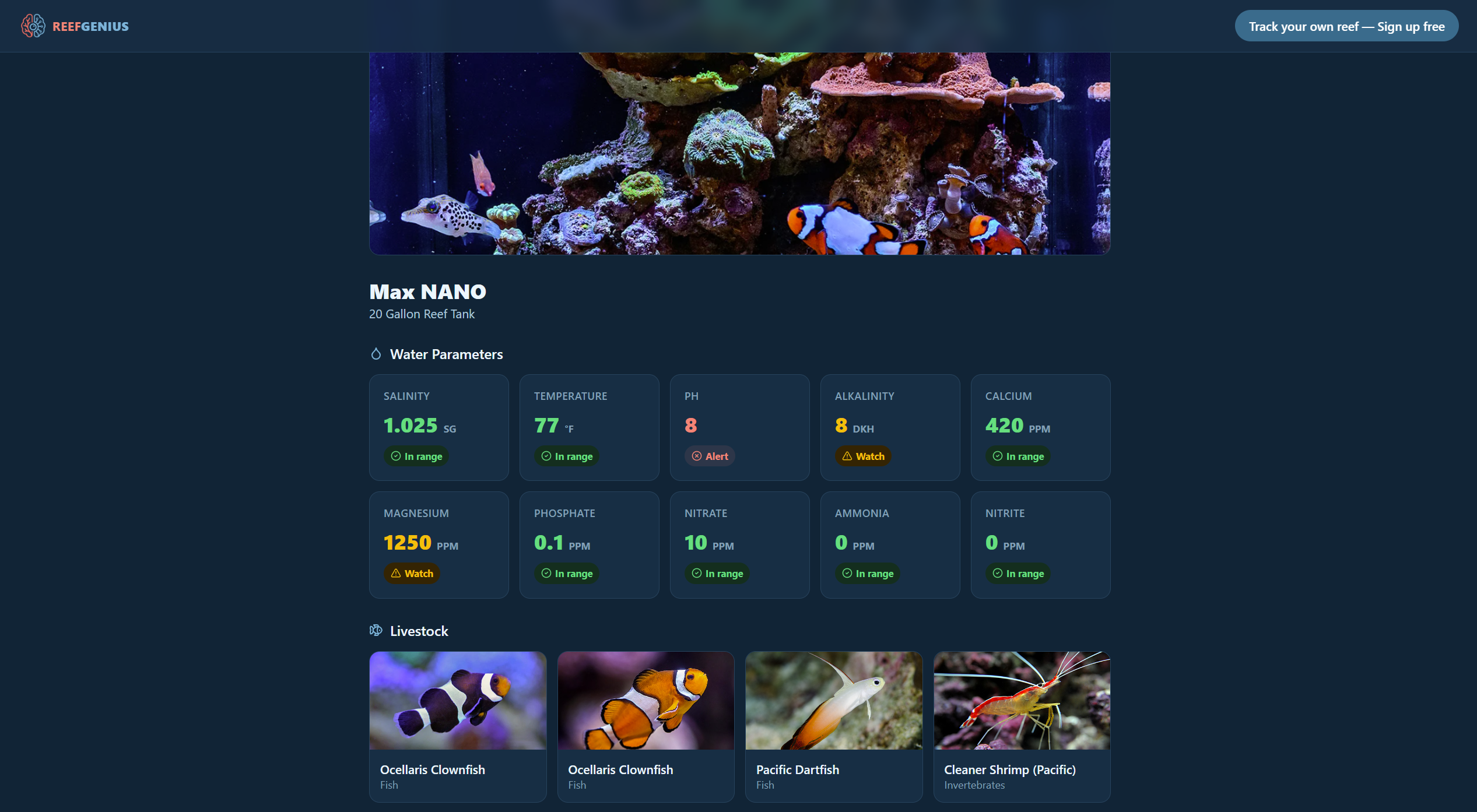 Public shareable tank profile in ReefGenius