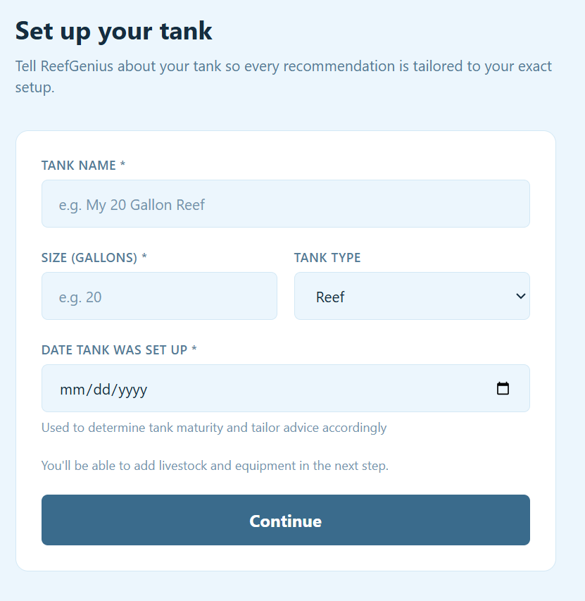 Adding a new tank profile in ReefGenius