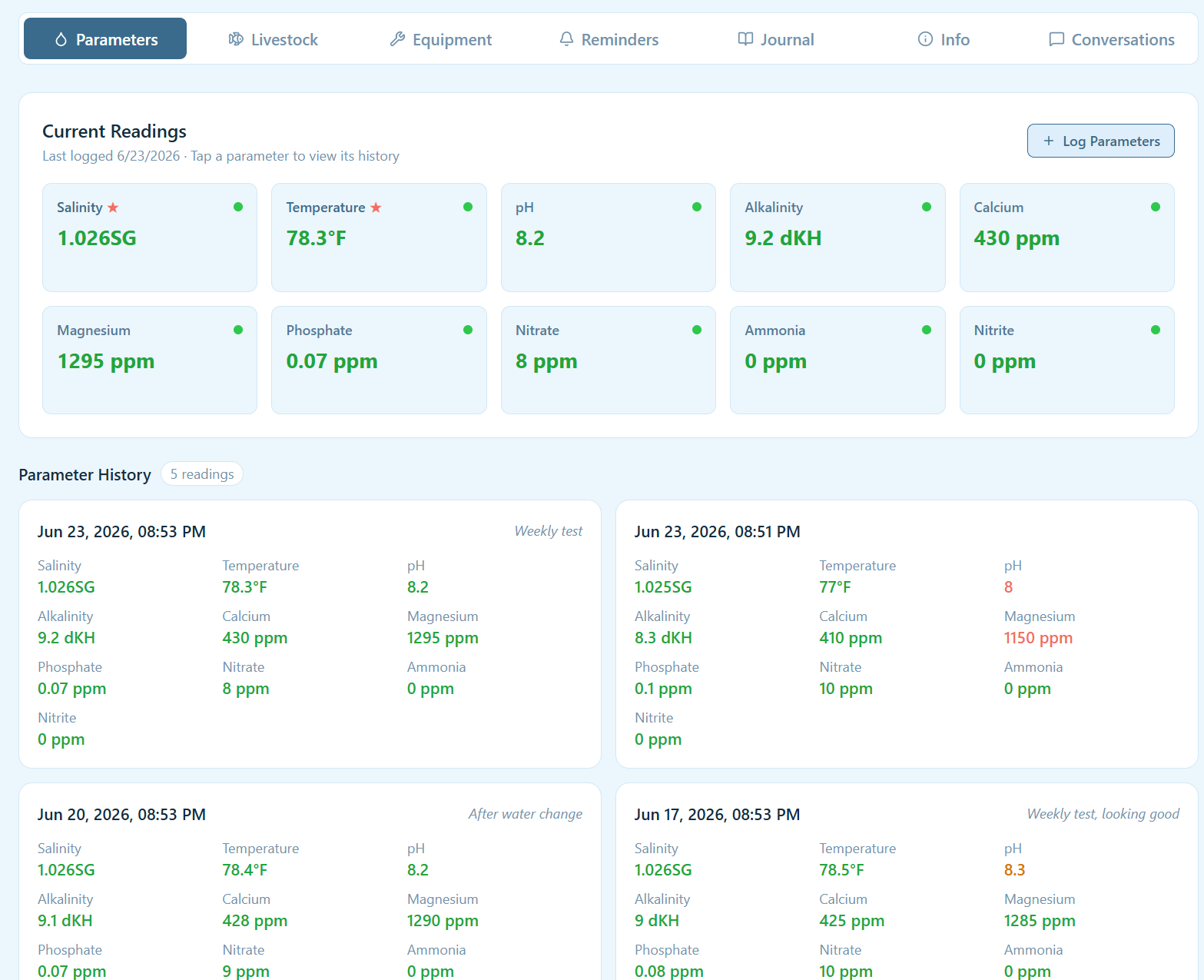 Logging livestock, equipment, and water parameters in ReefGenius